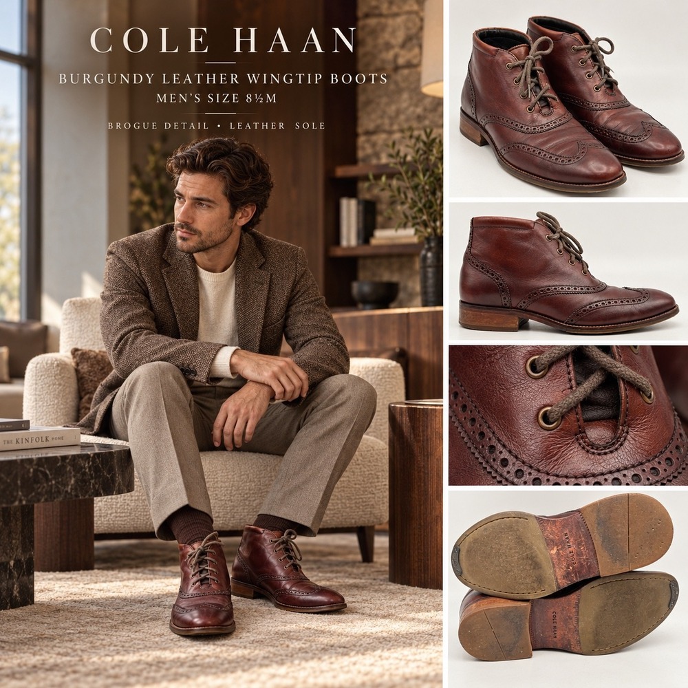 Cole Haan Mens Brown Leather Wingtip Brogue Chukka Boots C11053 Size 8.5 M